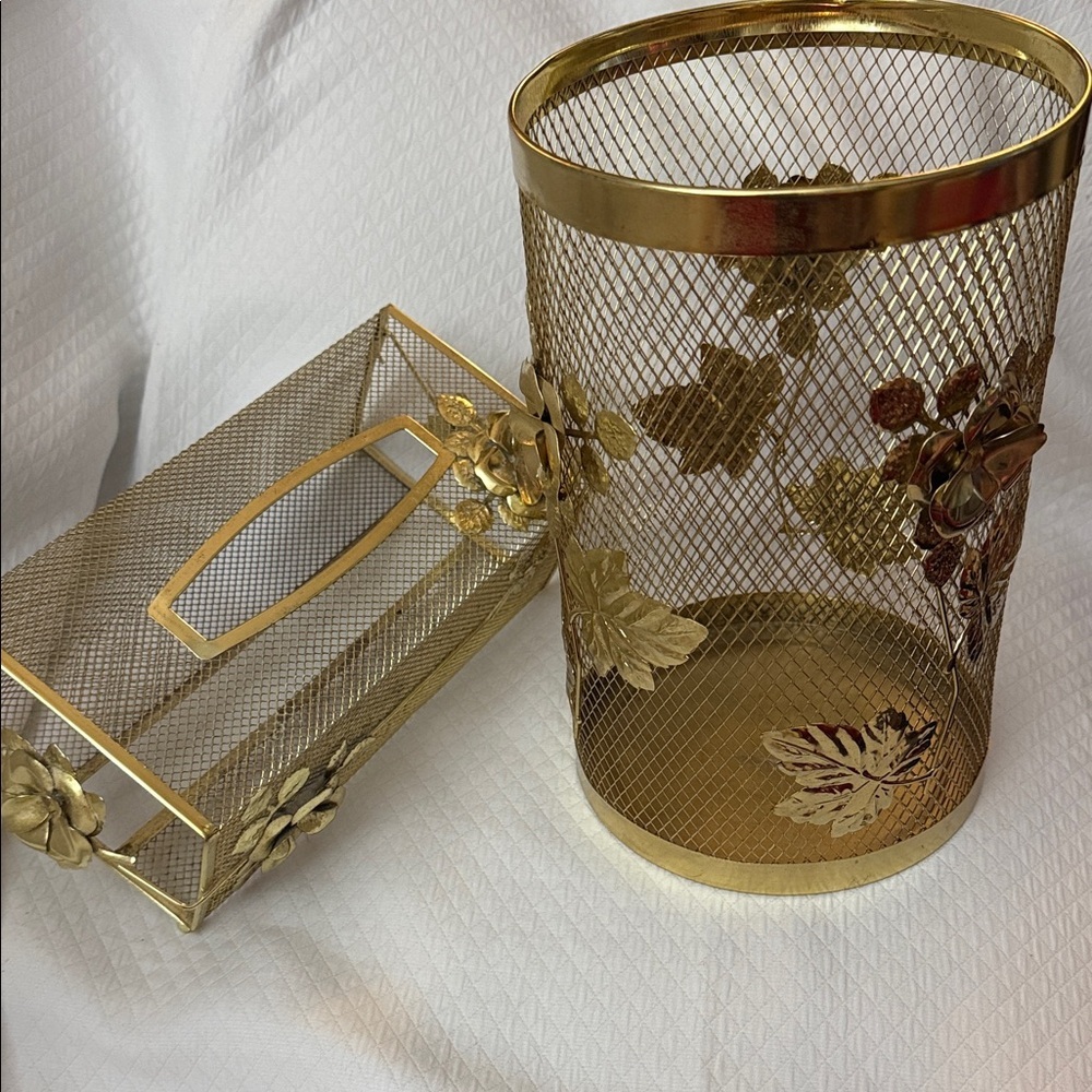 Vintage Hollywood Regency Gold Mesh Wastebasket & Tissue Box Cover Ornate Floral